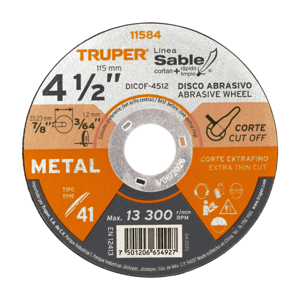 Disco abrasivo de corte preciso metal 4-1/2' x 1.2 mm,TRUPER DICOF-4512