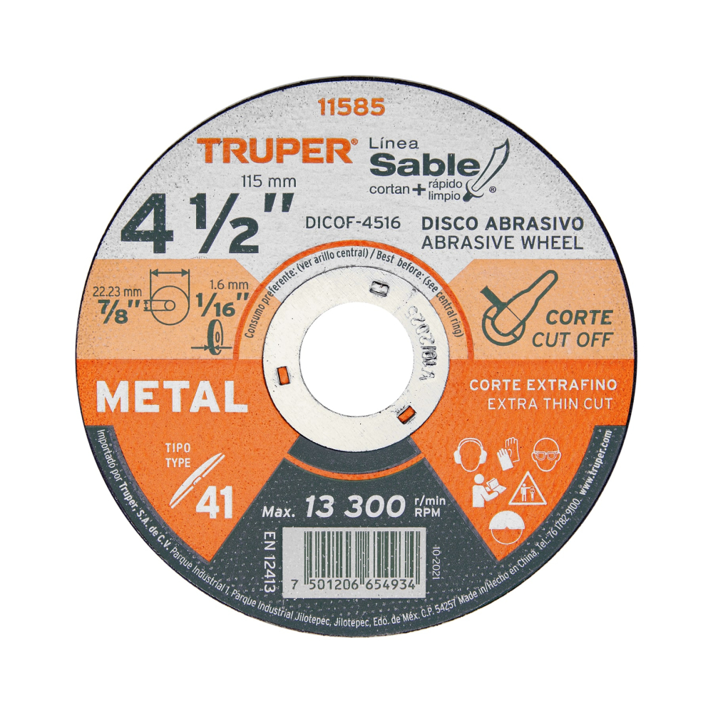 Disco abrasivo de corte preciso metal 4-1/2' x 1.6 mm TRUPER DICOF-4516