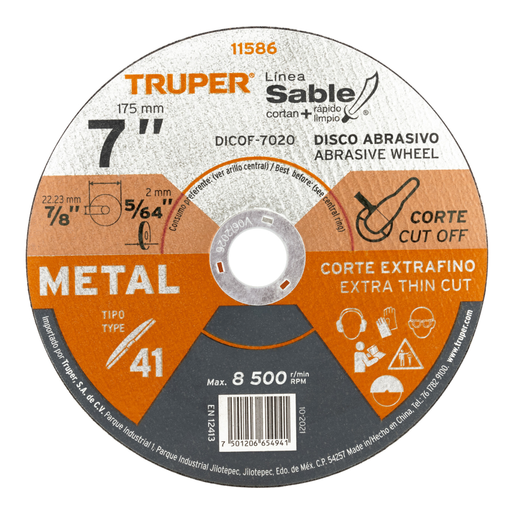 Disco abrasivo de corte preciso metal 7' x 2 mm, TRUPER DICOF-7020