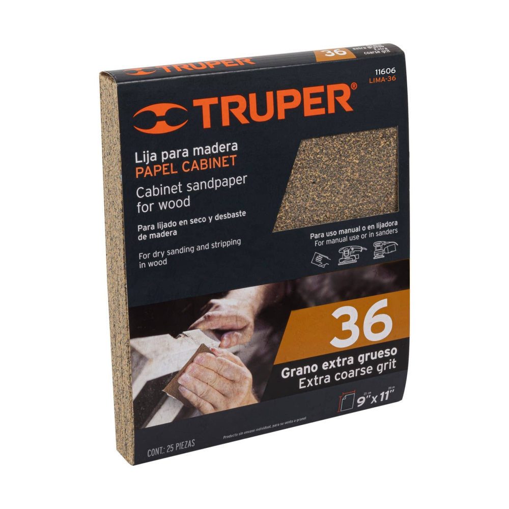 Lija para madera papel cabinet, grano 36, TRUPER LIMA-36