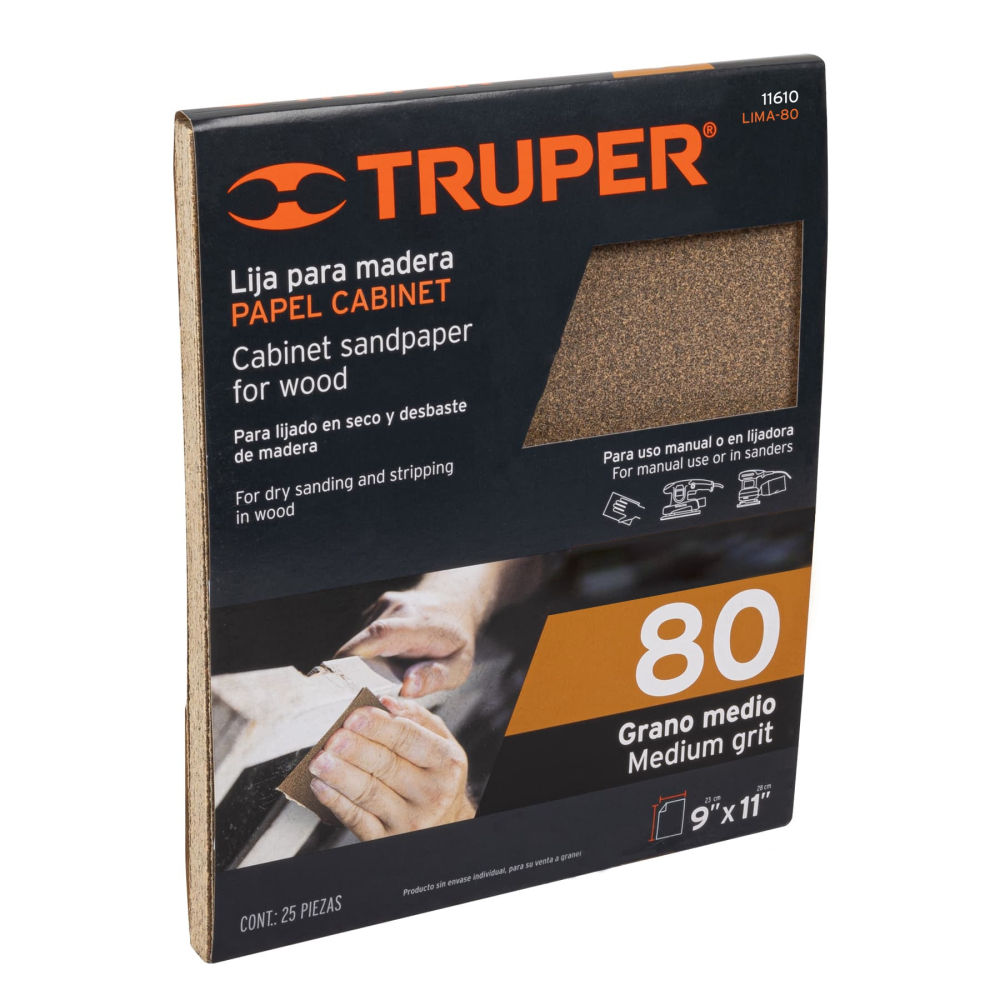 Lija para madera papel cabinet, grano 80, TRUPER LIMA-80