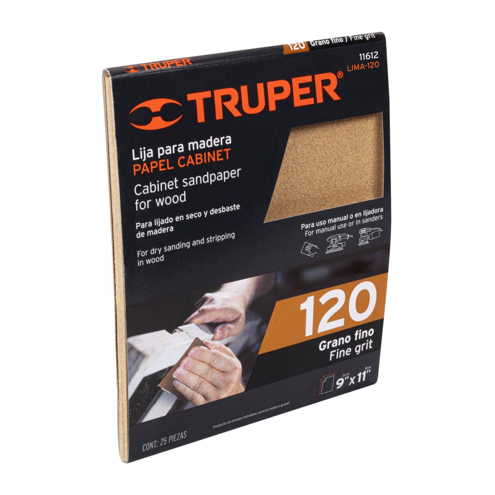 Lija para madera papel cabinet, grano 120, TRUPER LIMA-120