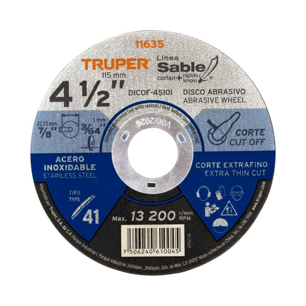 Disco abrasivo de corte preciso acero inox 4-1/2'x1mm TRUPER DICOF-4510I