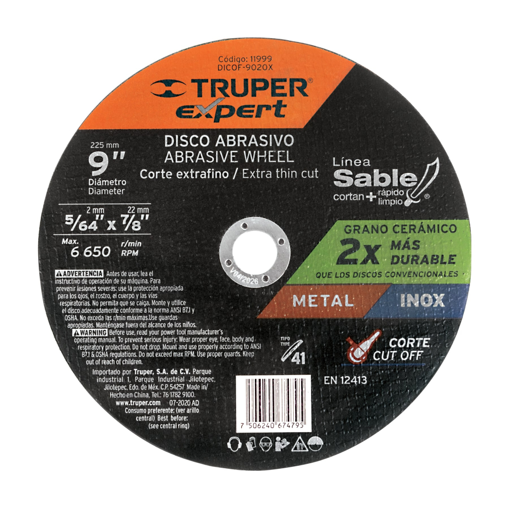 Disco abrasivo de corte preciso metal 9' x 2 mm, EXPERT DICOF-9020X