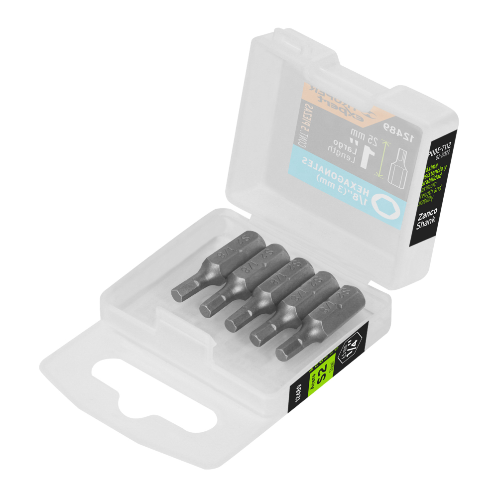 Estuche con 5 puntas hexagonales de 1/8mm largo 1', EXPERT PUDE-7112