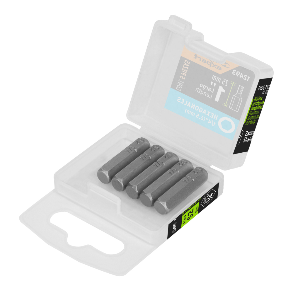 Estuche con 5 puntas hexagonales de 1/4mm largo 1', EXPERT PUDE-7125