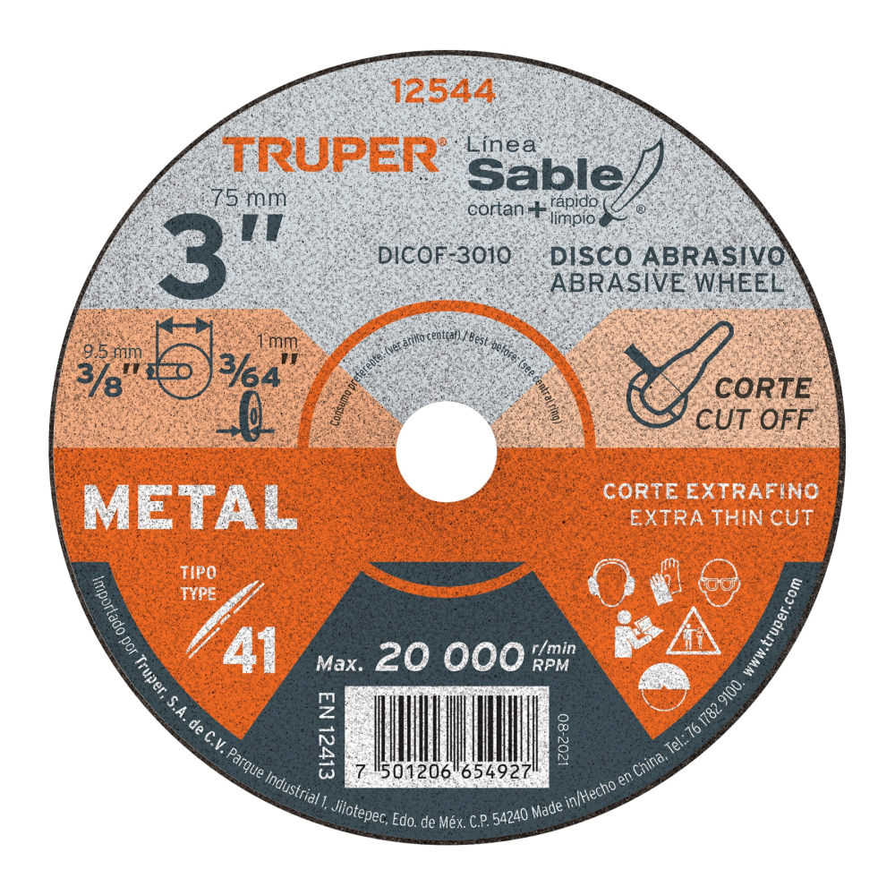 Disco abrasivo de corte preciso metal 3' x 1 mm, TRUPER DICOF-3010