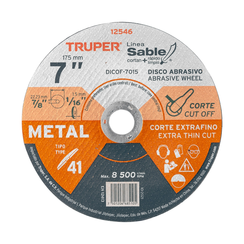Disco abrasivo de corte preciso metal 7' x 1.5 mm, TRUPER DICOF-7015