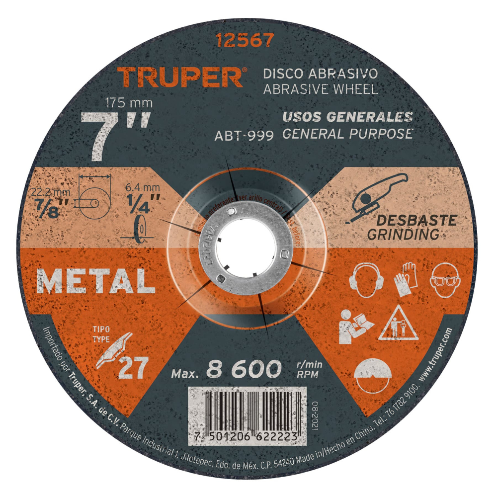 Disco Tipo 27 de 7' x 6.4 mm para desbaste de metal, TRUPER ABT-999