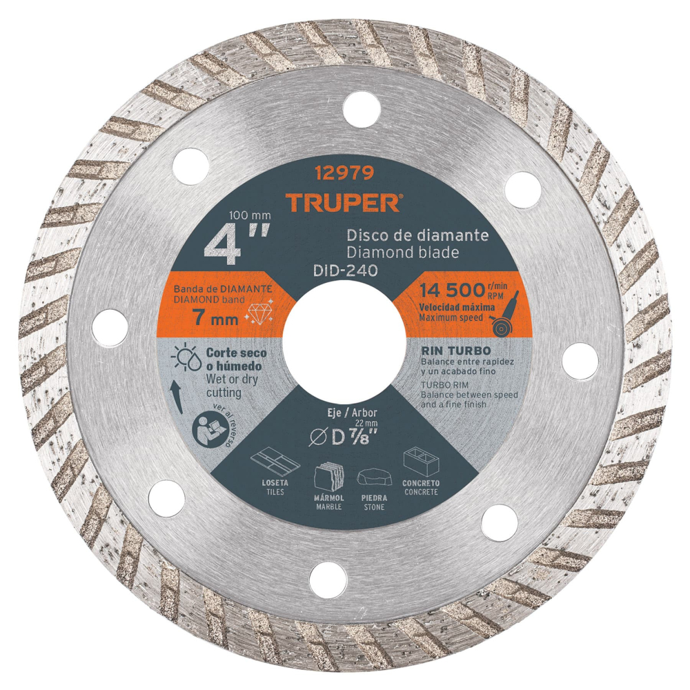 Disco de diamante de 4' x 2.2 mm, rin turbo, TRUPER DID-240