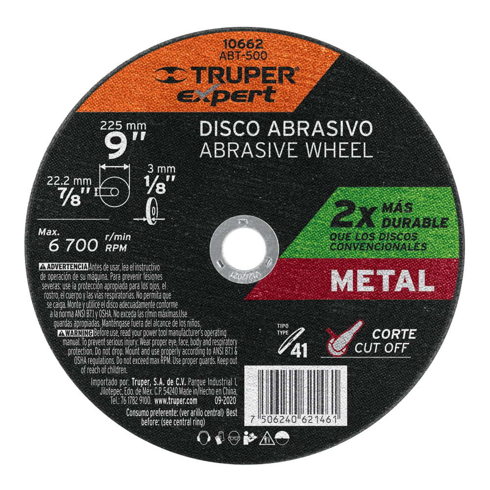 Disco para corte de metal, tipo 41, diámetro 9' EXPERT ABT-500