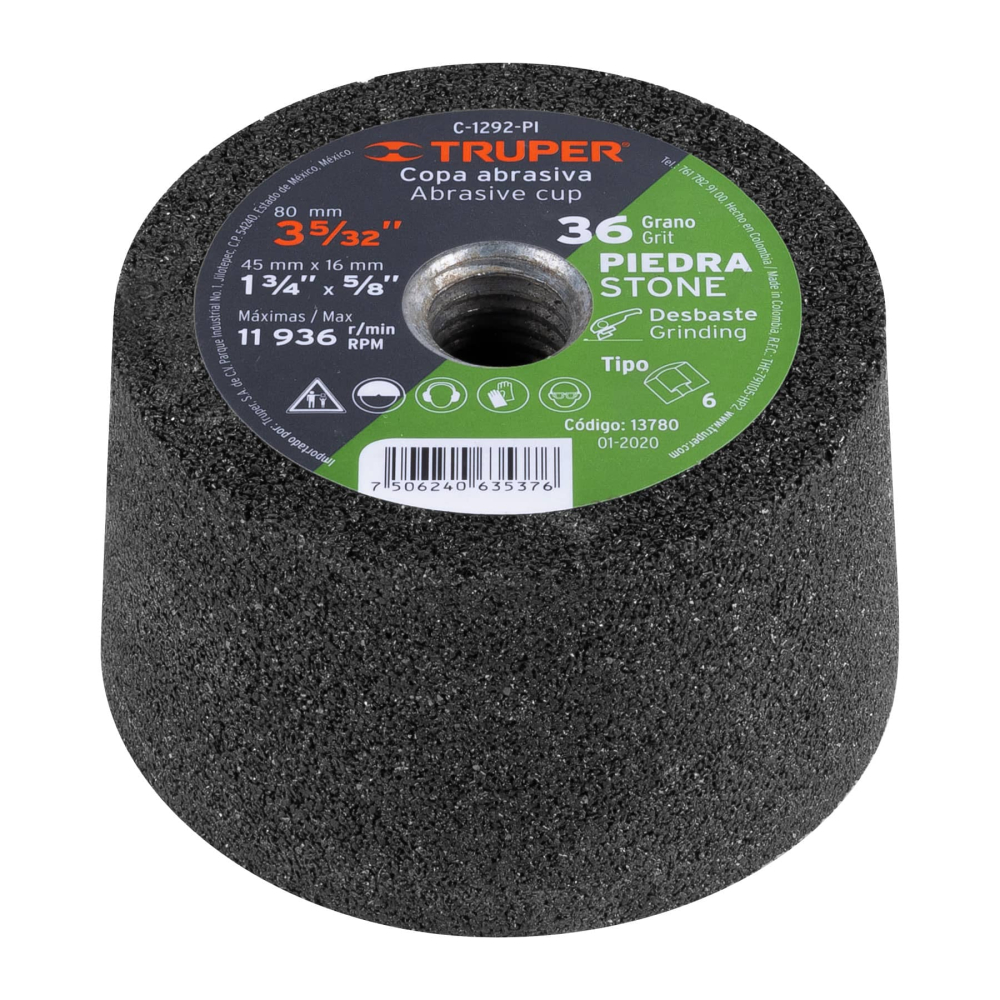 Copa desbaste de piedra 3-5/32' grano 36, eje 5/8-11, TRUPER C-1292-PI