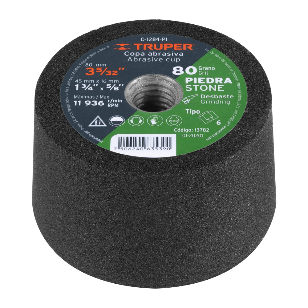 Copa desbaste de piedra 3-5/32' grano 80, eje 5/8-11, TRUPER C-1284-PI