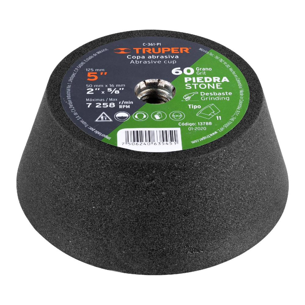 Copa desbaste de piedra 5' grano 60, eje 5/8-11, TRUPER C-361-PI