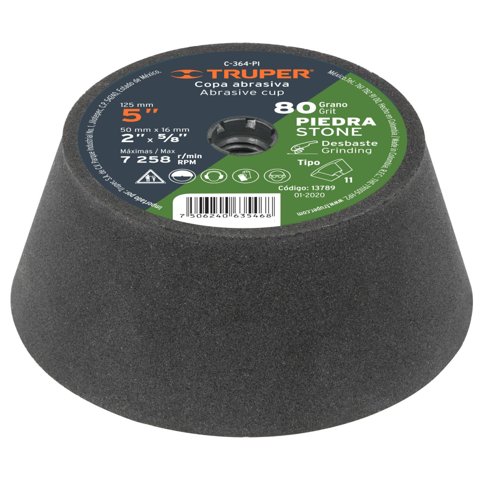 Copa desbaste de piedra 5' grano 80, eje 5/8-11, TRUPER C-364-PI