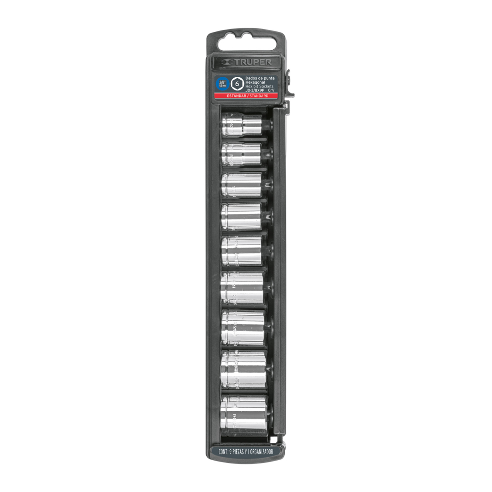 Juego de 9 dados cuadro 3/8' std, TRUPER JD-3/8X9P