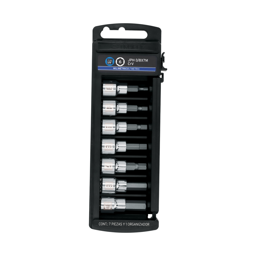 Juego de 7 dados cuadro 3/8' punta hexagonal mm, TRUPER JPH-3/8X7M
