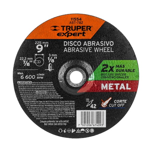 [11554] Disco Tipo 42 de 9' x 3.2 mm corte metal, TRUPER EXPERT ABT-782