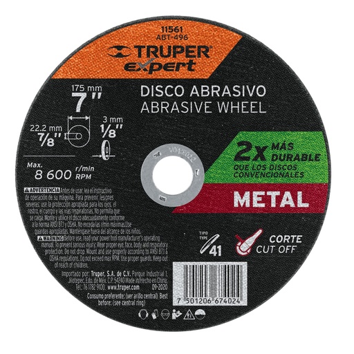 [11561] Disco para corte de metal, tipo 41, diámetro 7' EXPERT ABT-496
