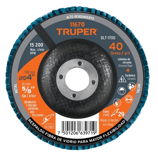 [11670] Disco laminado 4', grano 40 centro 5/8', fibra, TRUPER DLT-1700