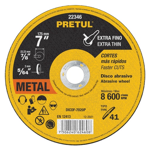 [22346] Disco abrasivo de corte preciso metal 7' x 2 mm, PRETUL DICOF-7020P