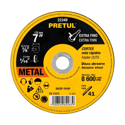 [22349] Disco abrasivo de corte preciso metal 7' x 1.5 mm, PRETUL DICOF-7015P