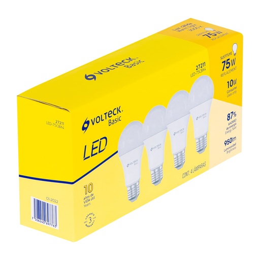 [27211] Pack 4 focos LED 10W (75W) A19, 3000K cálida, 950 lm, BASIC LED-75CBX4