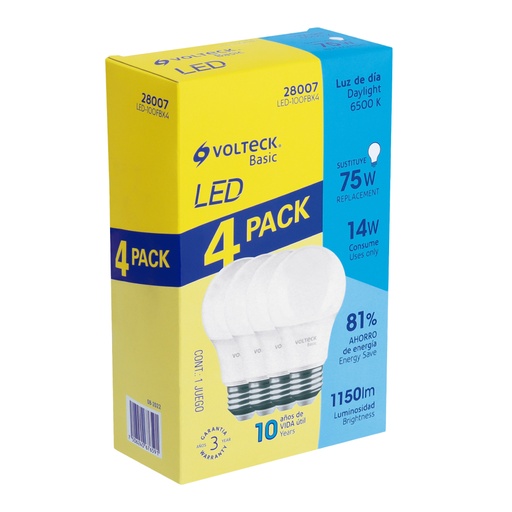 [28007] Pack 4 focos LED 14W (75W) A19, 6500K fría, 1150 lm, BASIC LED-100FBX4