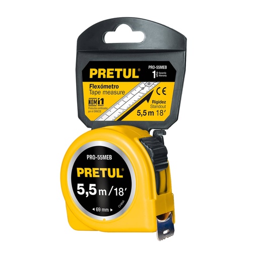 [28022] Flexómetro amarillo 6 m cinta 25 mm, en tarjeta, PRETUL PRO-55MEB
