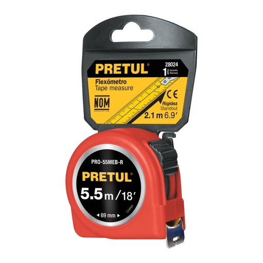[28024] Flexómetro rojo 6 m cinta 25 mm, en tarjeta, PRETUL PRO-55MEB-R