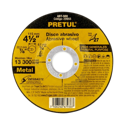 [29955] Disco Tipo 27 de 4-1/2' x 6.2 mm desbaste de metal, PRETUL ABT-560