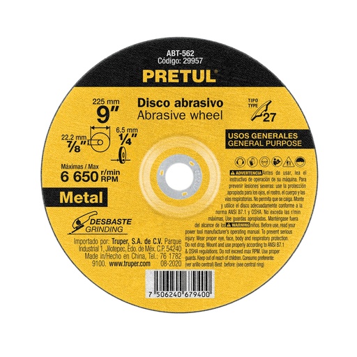 [29957] Disco Tipo 27 de 9' x 6.2 mm desbaste de metal, PRETUL ABT-562