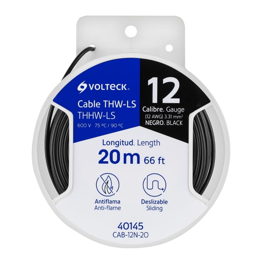 [40145] Carrete con 20 m de cable THHW-LS 12 AWG negro, VOLTECK CAB-12N-20