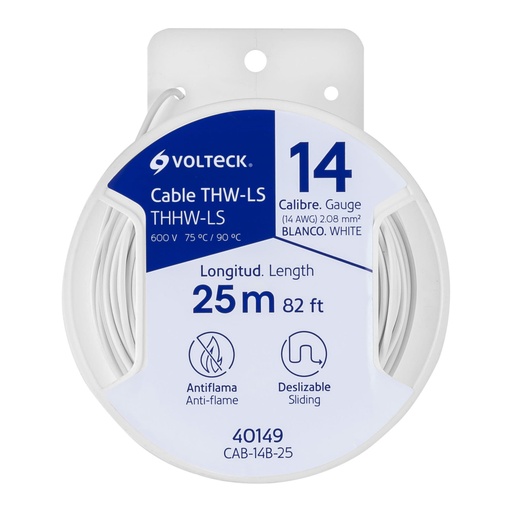 [40149] Carrete con 25 m de cable THHW-LS 14 AWG blanco, VOLTECK CAB-14B-25