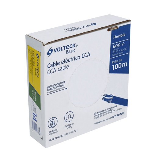 [40219] Rollo de 100 metros de cable THW CCA 14 AWG verde, BASIC CCA-14V
