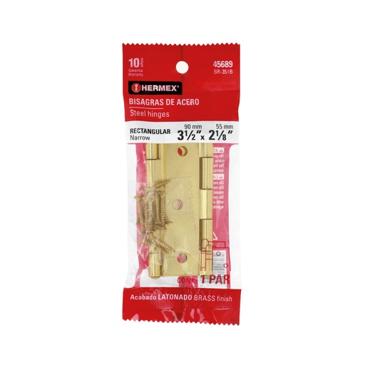 [45689] Bolsa 2 bisagras rectangulares 3-1/2 x 2-1/8' acero latonado BR-351B