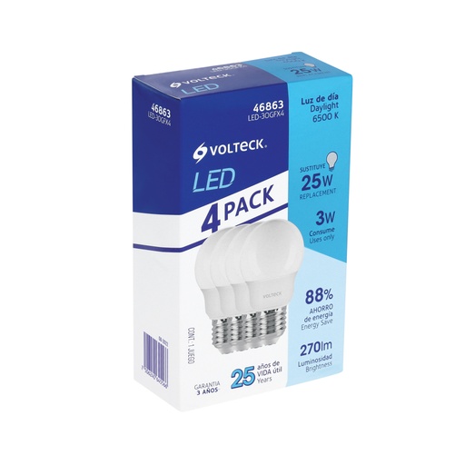 [46863] Pack 4 focos LED 3W (25W) G45, 6500K blanca fría, 270 lm LED-30GFX4