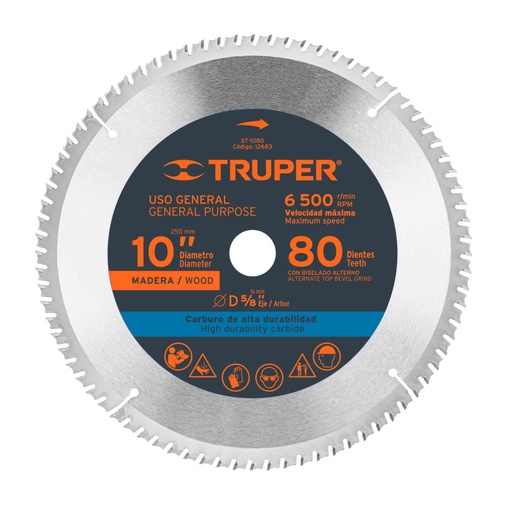 [12683] Disco sierra 10' para madera, 80 dientes centro 5/8', TRUPER ST-1080