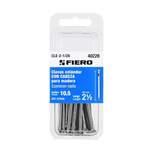 [40228] Blíster con 20 clavos estándar 2-1/2' con cabeza, FIERO CLE-2-1/2A