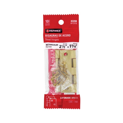 [43208] Bolsa 2 bisagras rectangulares 2-1/2 x 1-5/8' acero latonado BR-251B