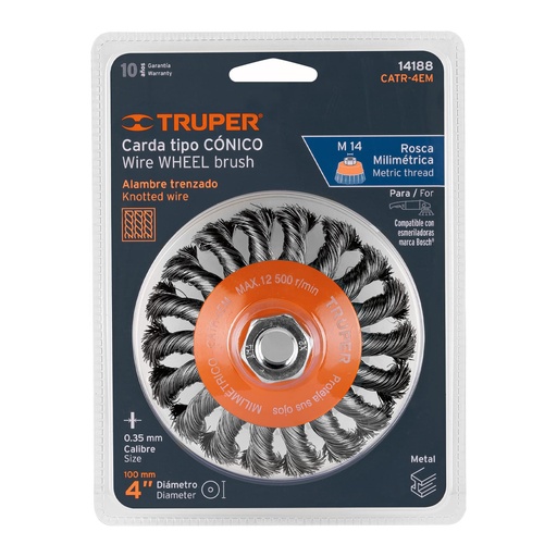 [14188] Carda tipo cónico 4' alambre trenzado, multi-rosca, TRUPER CATR-4EMR
