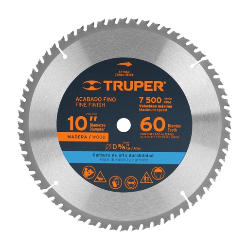 [18306] Disco sierra 10' para madera, 60 dientes centro 5/8', TRUPER ST-1060