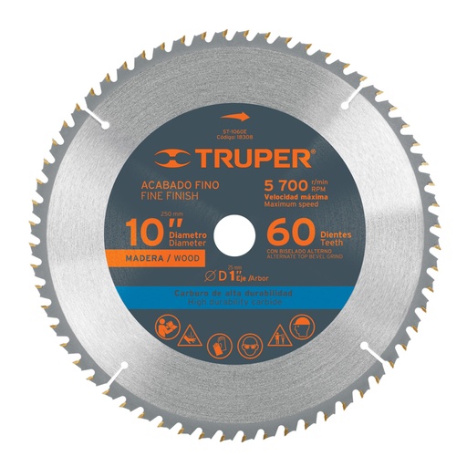 [18308] Disco sierra 10' para madera, 60 dientes centro 1', TRUPER ST-1060E