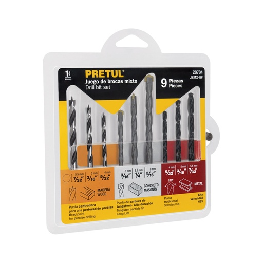 [20704] Juego de 9 brocas para metal, concreto y madera, PRETUL JBMX-9P