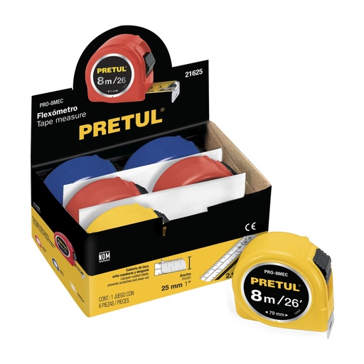 [21625] Flexómetro 8 m cinta 25 mm, en display box, PRETUL PRO-8MEC