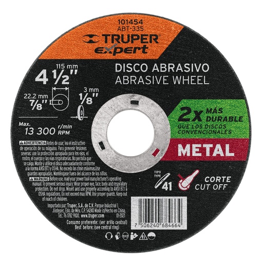 [101454] Disco para corte de metal 4-1/2' tipo 41, TRUPER EXPERT ABT-335
