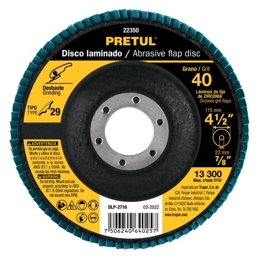 [22350] Disco laminado 4-1/2', grano 40 centro 7/8', fibra, PRETUL DLP-2716