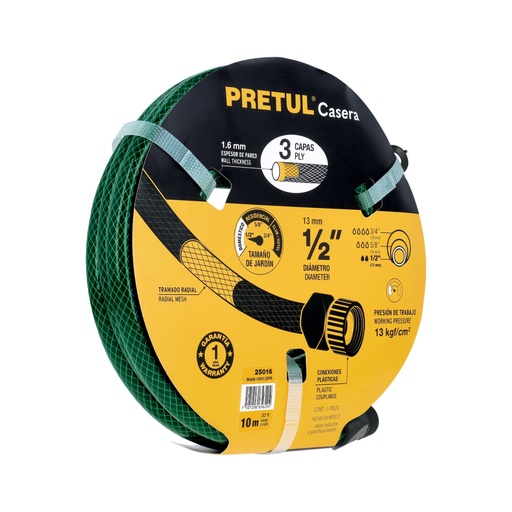 [25016] Manguera 1/2' reforzada 3 capas 10m conexiones plást, PRETUL MAN-10X1/2PR