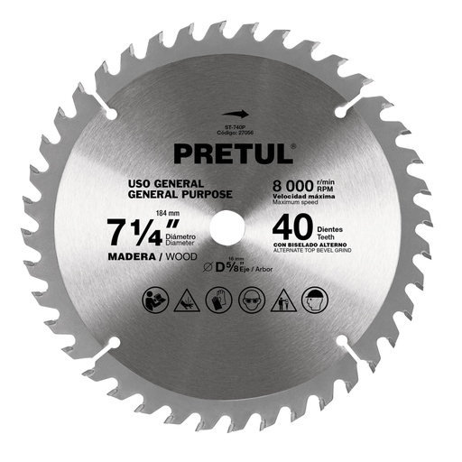 [27056] Disco sierra 7-1/4' p/madera, 40 dientes centro 5/8', PRETUL ST-740P