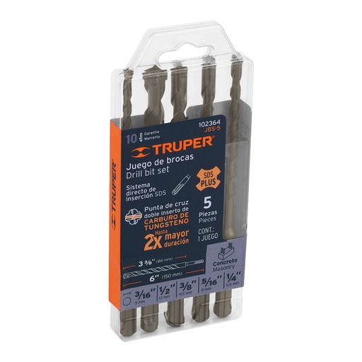 [102364] Juego de 5 brocas para concreto SDS Plus, TRUPER JBS-5